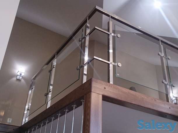 Перилла из нержавейки и стекла, ограждения из нержавеющей тали и каленного стекла. Перила для лестниц., фотография 5