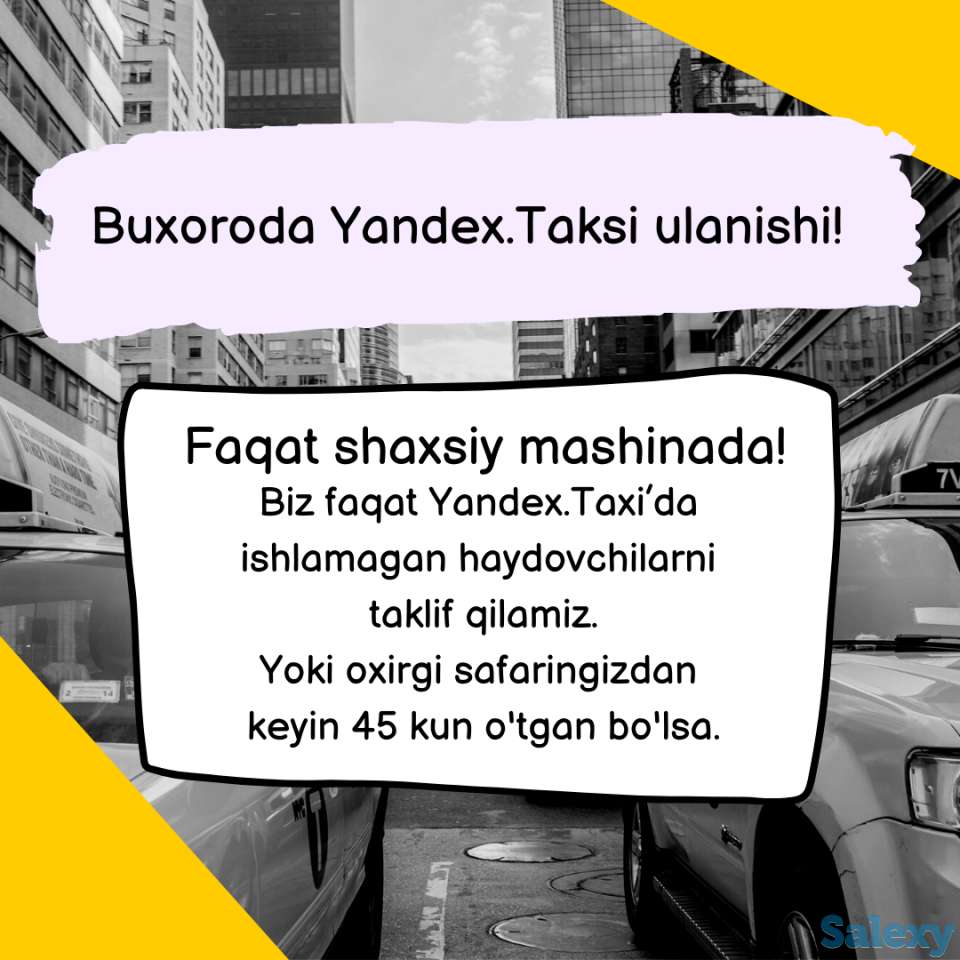 Buxoro shahridagi YandexTaksi haydovchilarini shaxsiy avtomashinada taklif qilamiz., фотография 1
