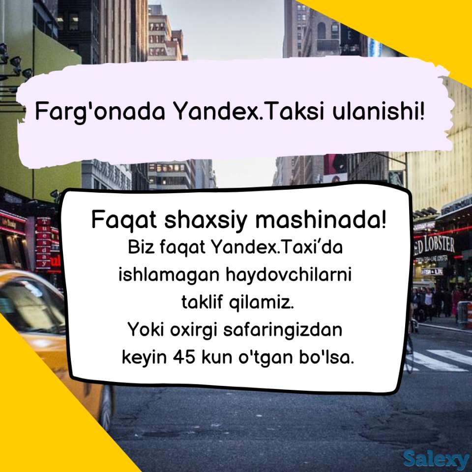 Farg'ona shahridagi Yandex.Taksi haydovchilarini shaxsiy avtomashinada taklif qilamiz, фотография 1